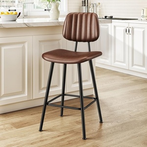 image:imageRaynesys 24Inch Leather Bar Stools Set of 3 with High Backrest BeigeDark Brown